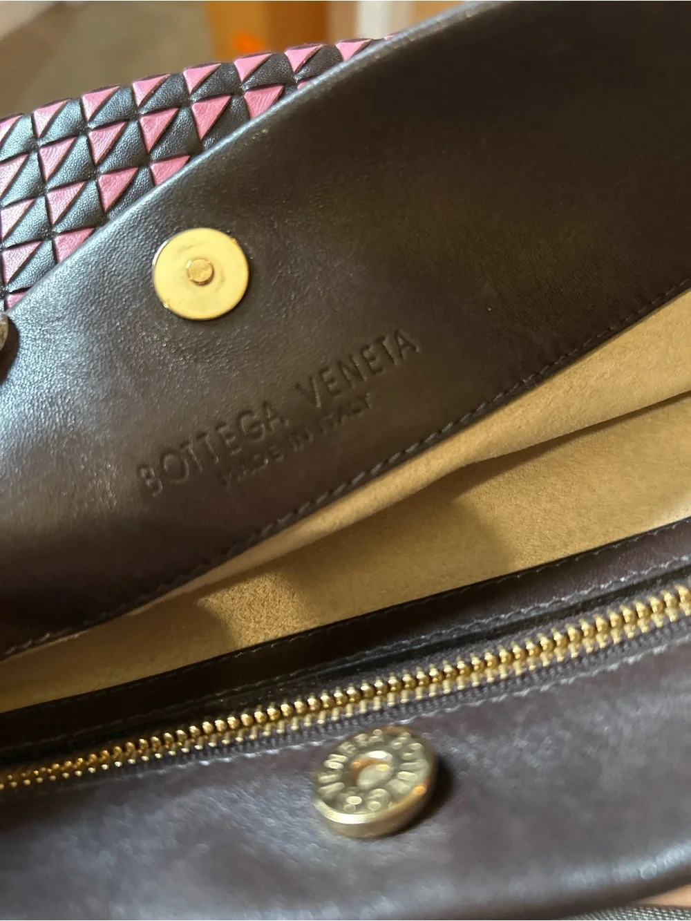 Bottega Veneta Vintage Intrecciato Two-Tone Leather Shoulder Bag Brown/Pink